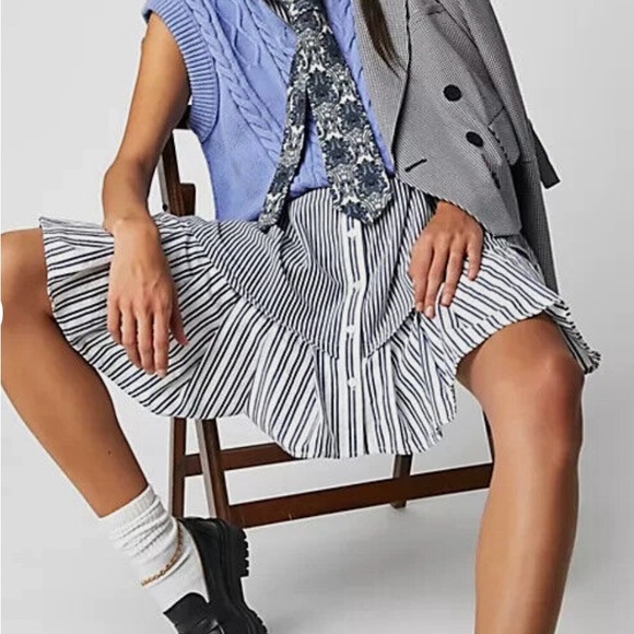 Free People Be Real Mini Dress Medium Striped Blue/White Ruffle 100% Cotton - Picture 13 of 14